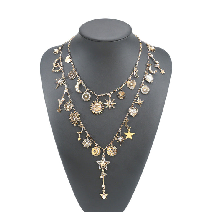 Multi‑Layer Celestial Charm Diamond Necklace, Sun Moon Star Pendant Necklace
