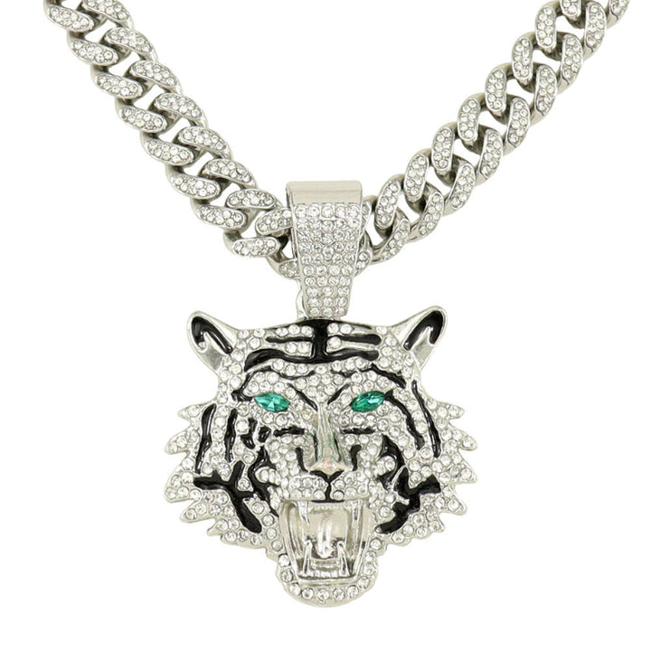 Hip-hop Style Iced‑Out Roaring Tiger Head Diamond Pendant with Cuban Link Chain