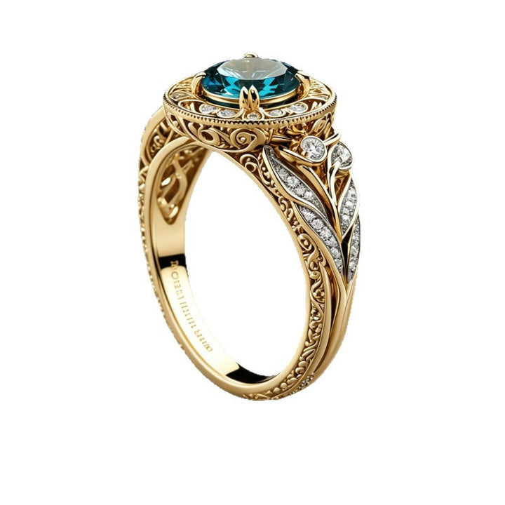 Vintage Round Blue Gemstone Ring, Intricate Filigree Diamond Accent Statement Ring, Luxury Gift