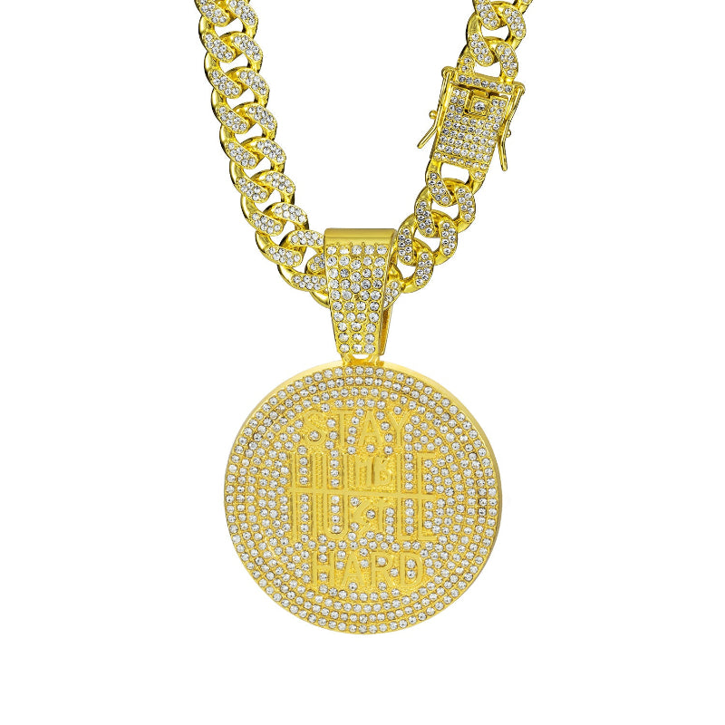 Round Diamond Pendant Cuban Chain Necklace, Unisex Hip Hop Motivational Statement Jewelry