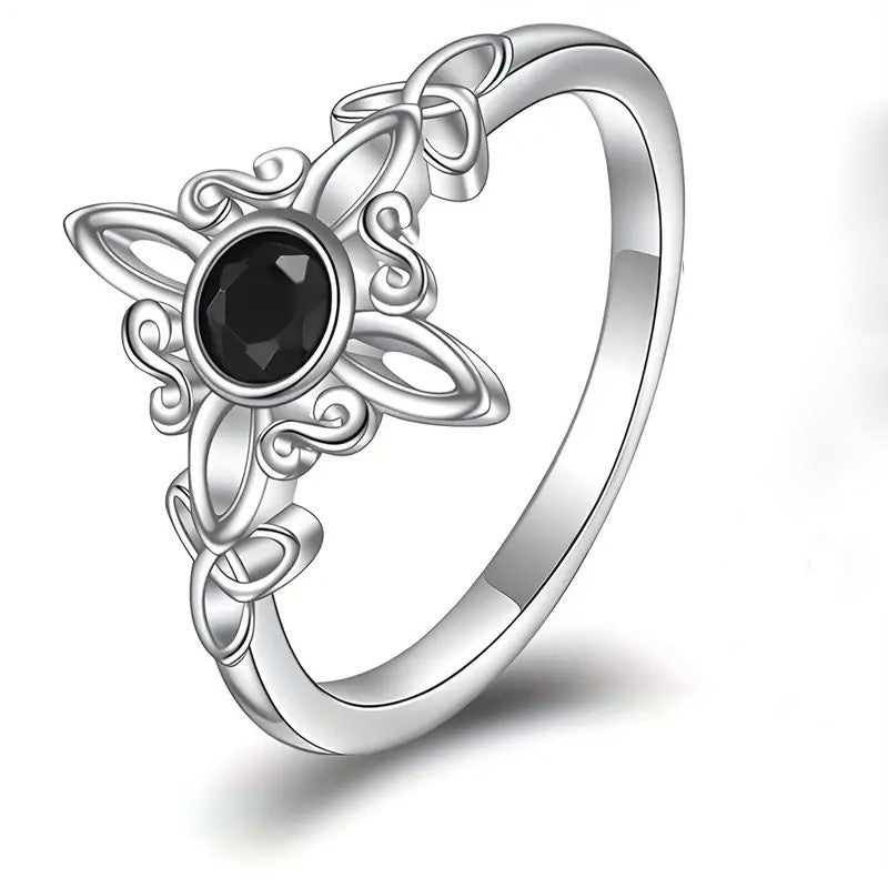 Celtic Knot Star Ring, Vintage Black Gemstone Statement Ring, Elegant Hollow Jewelry for Women
