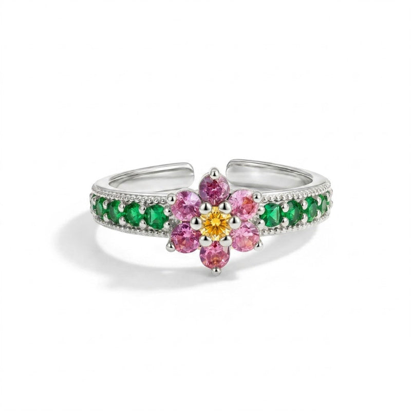 Colorful Floral Multi-Gem Adjustable Open Ring, Pink Flower Emerald Band Diamond Stackable