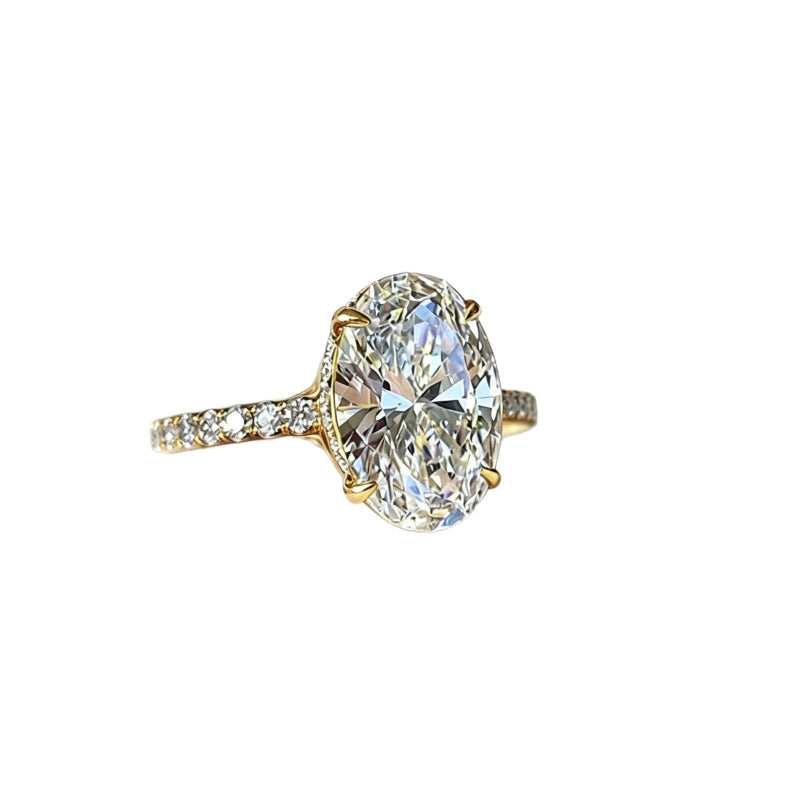 4-Prong Oval Diamond Pave Band Engagement Ring, Gold Silver Dainty Bridal Statement Ring