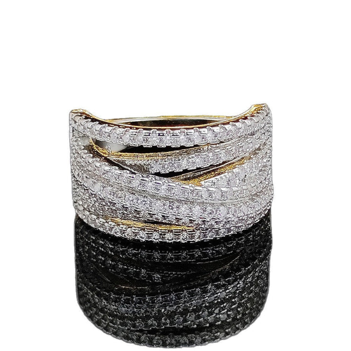 Multi-Layer Pave Curved Wide Band Diamond Statement Ring, Luxury Wavy Split Shank Ring For Women