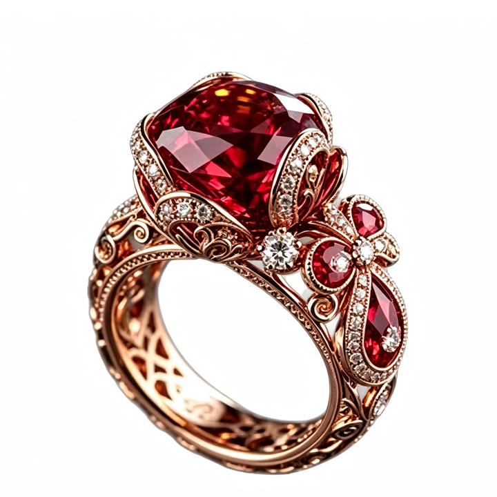 Vintage Ruby Gemstone Ring, Ornate Filigree Carved Statement Ring, Luxury Jewelry for Women