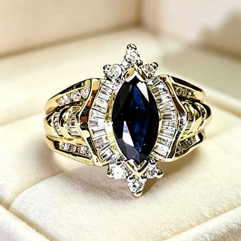 Marquise‑Cut Blue Gemstone & Diamond Promise Ring, Vintage Gold Tone Bridal Ring
