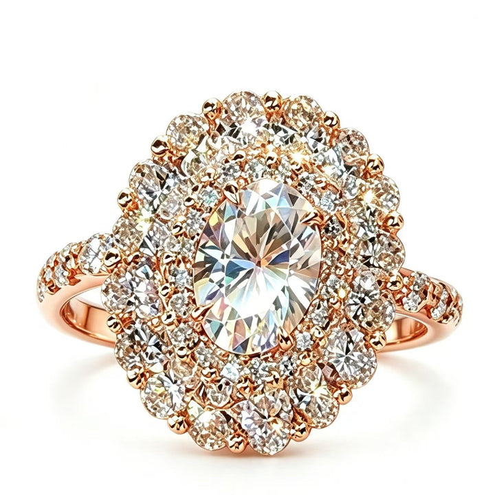 Oval‑Cut Double Halo Diamond Engagement Ring, Rose Gold Tone Women’s Statement Ring