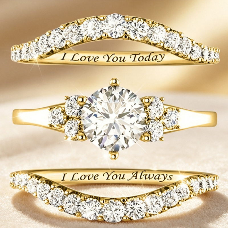 Round Diamond Engraved 3-Piece Bridal Stack Ring, Personalized "I Love You Today Tomorrow Always" Promise Ring