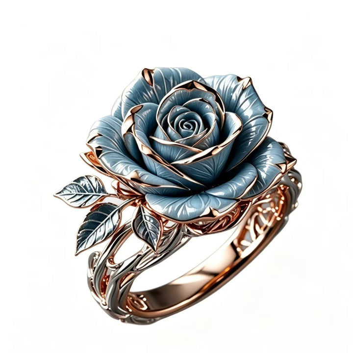 3D Sculpted Blue Rose Statement Ring, Enamel Floral Open Filigree Floral Wide Band Ring