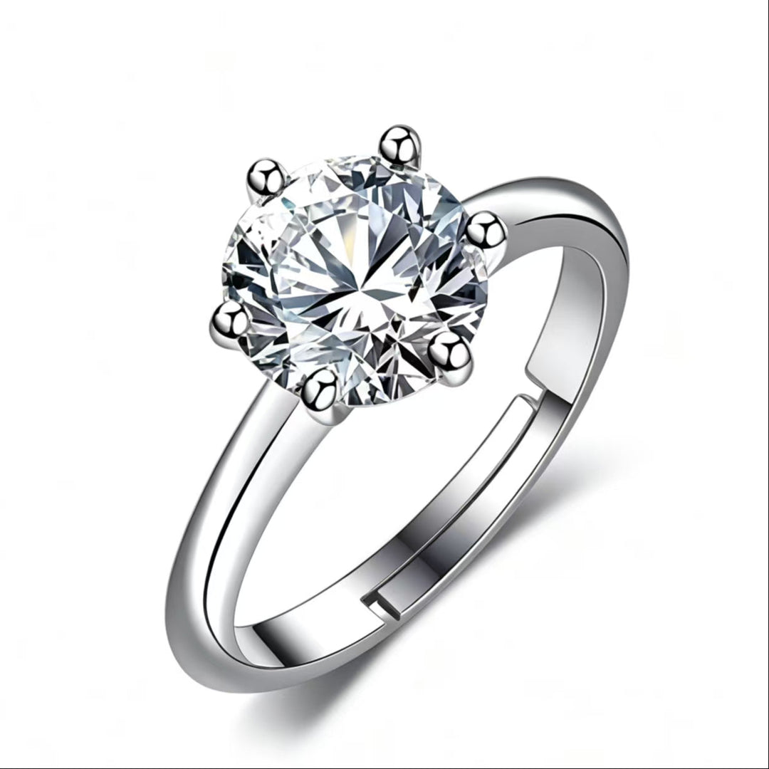 S925 Silver Adjustable Six‑Prong One-Carat Style Round Diamond Ring, Ideal Gift For Women