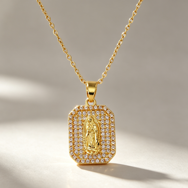 Iced‑Out Virgin Mary Tag Pendant Necklace, Bold, Fully Hip-Hop Style Necklace
