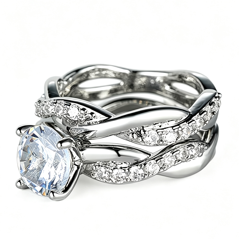 Twisted Split Shank Bridal Ring Duo, Round Solitaire Pave Stackable Engagement & Wedding Band Set