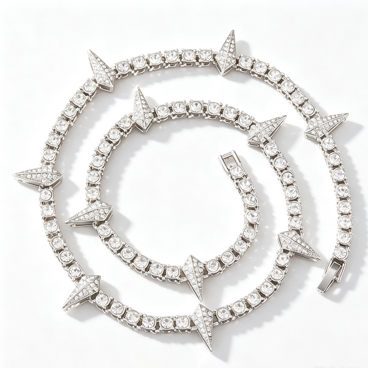 Spike Triangle Stud Tennis Chain Choker, Full Pave Diamond Edgy Rock Hip Hop Statement Necklace