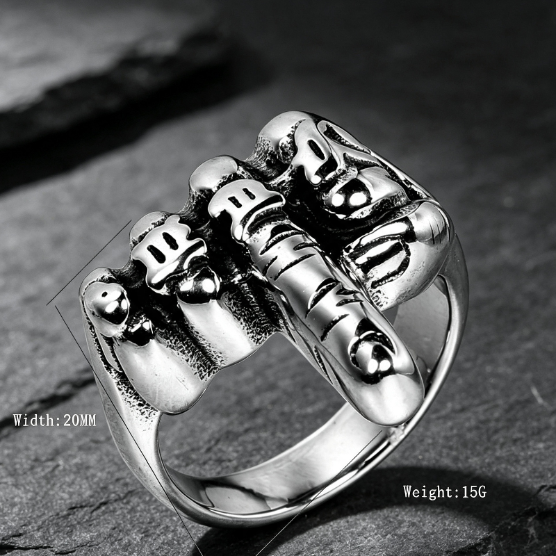 Bold Skeleton Middle Finger Statement Ring, Retro Gothic Biker Men’s Ring