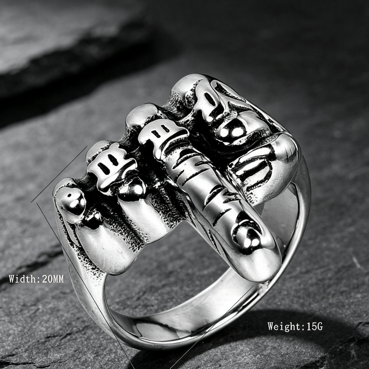 Bold Skeleton Middle Finger Statement Ring, Retro Gothic Biker Men’s Ring