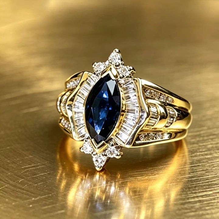 Marquise‑Cut Blue Gemstone & Diamond Promise Ring, Vintage Gold Tone Bridal Ring