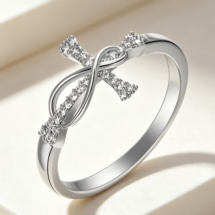 Infinity Loop Cross Full Pave Diamond Band Ring, Faith Eternal Love Women Stackable Jewelry