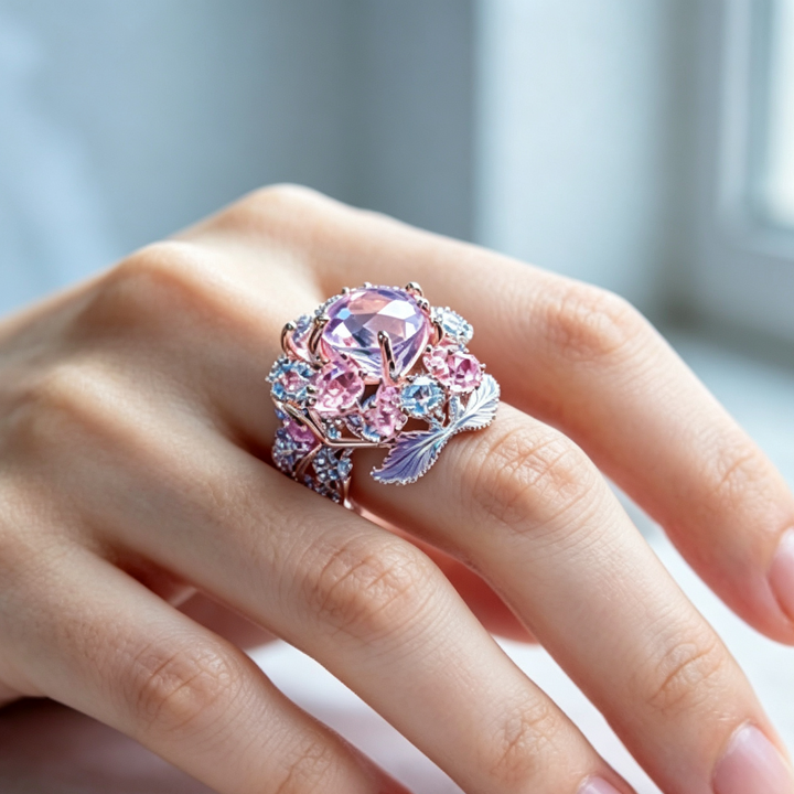 Enchanted Floral Leaf Statement Ring, Colorful Sparkling Gem Ring for Women