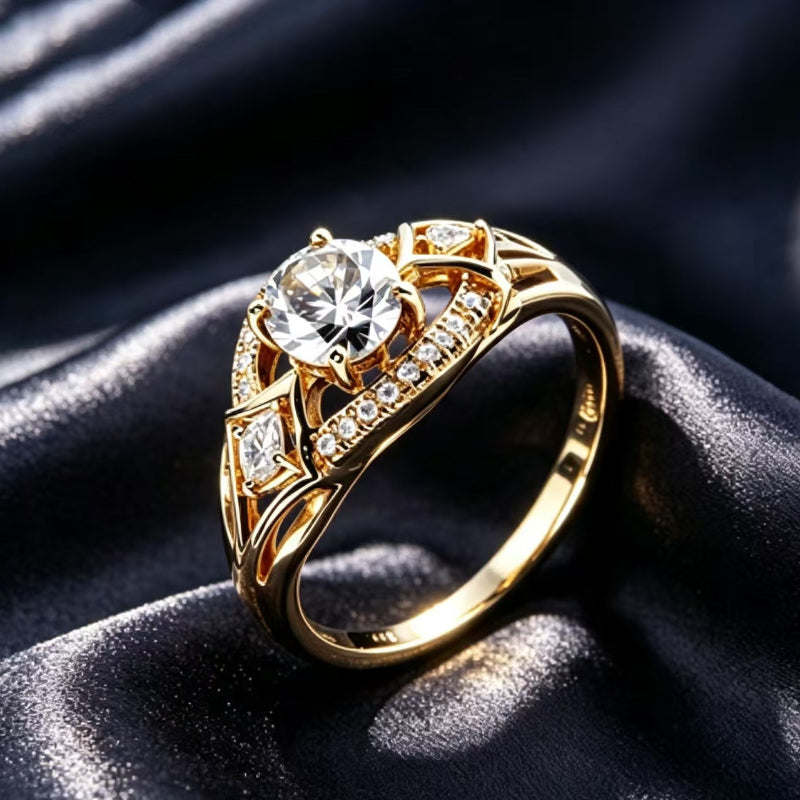 Vintage Open‑Work Multi‑Cut Diamond Promise Ring, Gold Tone Women’s Statement Ring