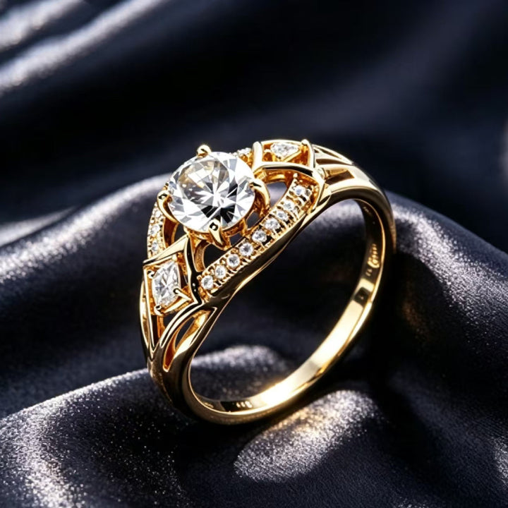 Vintage Open‑Work Multi‑Cut Diamond Promise Ring, Gold Tone Women’s Statement Ring