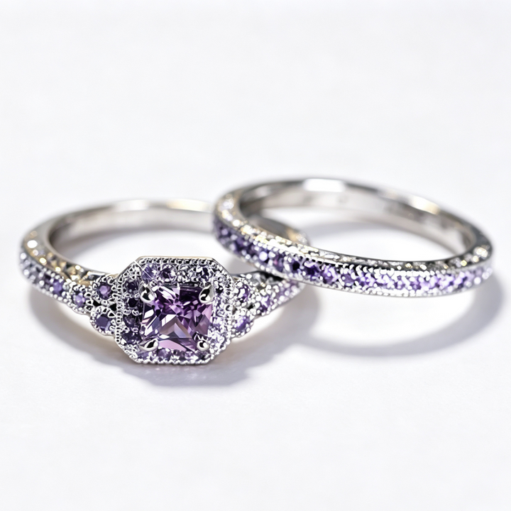 Vintage Halo Stackable Ring Set, Square Cut Diamond Matching Wedding Band Rings for Women