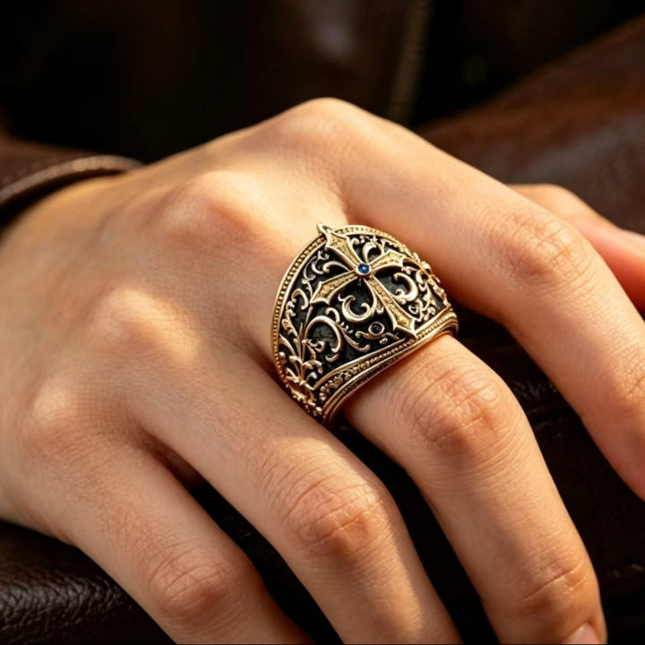 Vintage Engraved Cross Diamond Signet Ring, Gold Tone Men’s Statement Ring