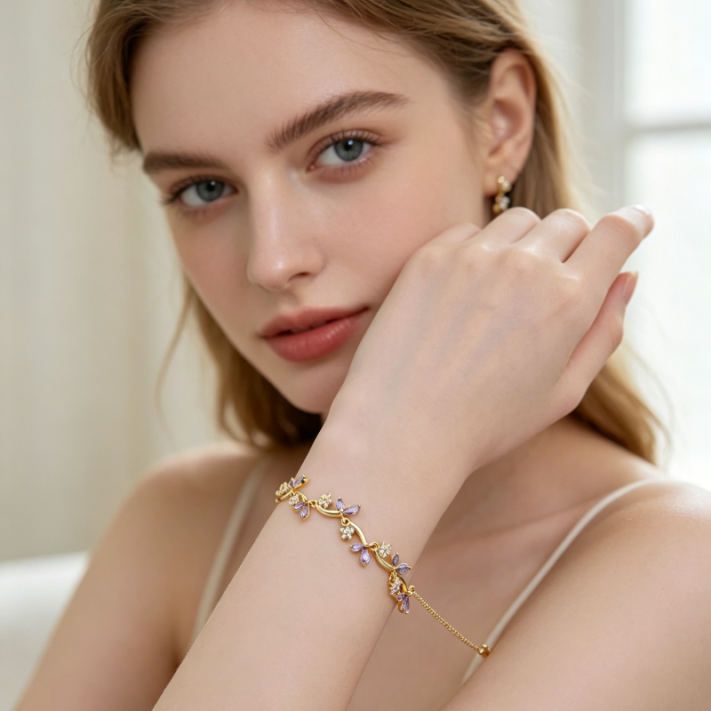 Gold Vine Leaf Bud Stone Adjustable Bracelet, Romantic Branch Stackable Wrist Chain