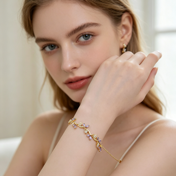 Gold Vine Leaf Bud Stone Adjustable Bracelet, Romantic Branch Stackable Wrist Chain
