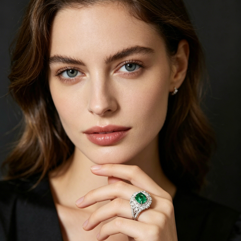 Cushion Emerald Halo Floral Cocktail Ring, 3-Tone Luxury Gem Statement Ring For Women