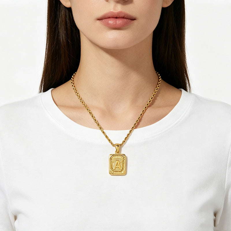 A-Z Vintage Sunburst Initial Tag Pendant Necklace, Personalized Men Women Hip Hop Stackable Statement Jewelry