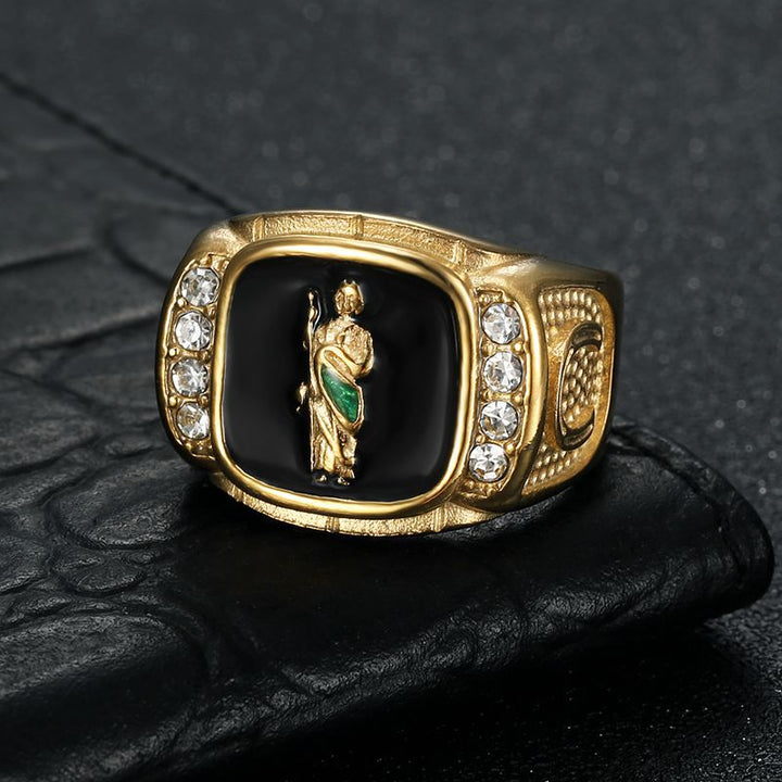 Vintage Enamel Embossed Figure Signet Ring with Side‑Set Diamonds, Men’s Statement Ring