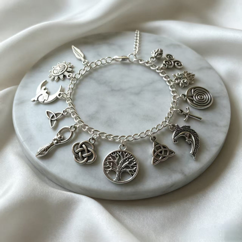 Multi Charm Toggle Clasp Silver Charm Bracelet, Tree Of Life Triple Moon Triquetra Pentacle Vintage Gothic Jewelry