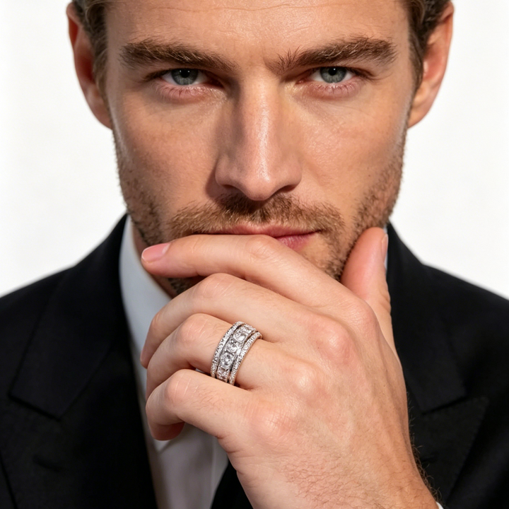 3-Row Full Iced Out Diamonds Men’s Band Ring, Wide Channel Set Eternity Wedding Ring