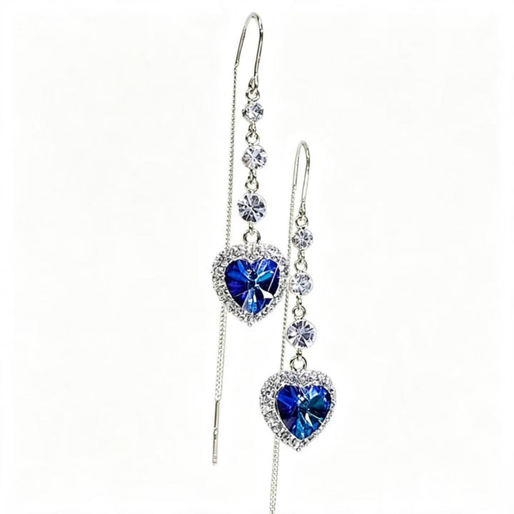 Heart‑Shaped Blue Diamond Threader Drop Earrings, Long Tassel Gold‑Tone Dangle Earrings