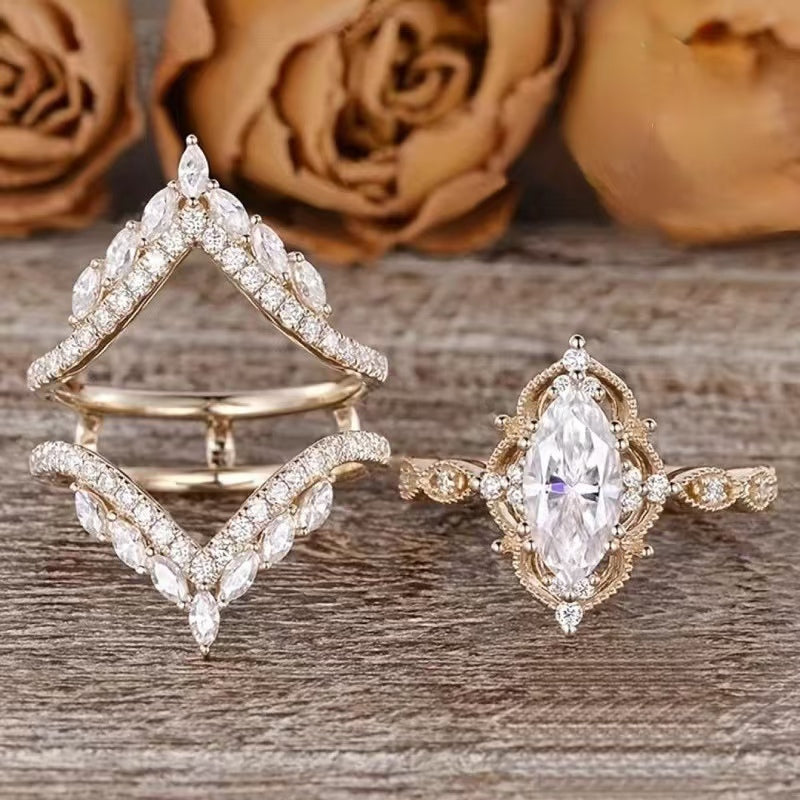 Marquise‑Cut Diamond 3‑Piece Bridal Stacking Ring Set, Vintage-Style Fashion Ring