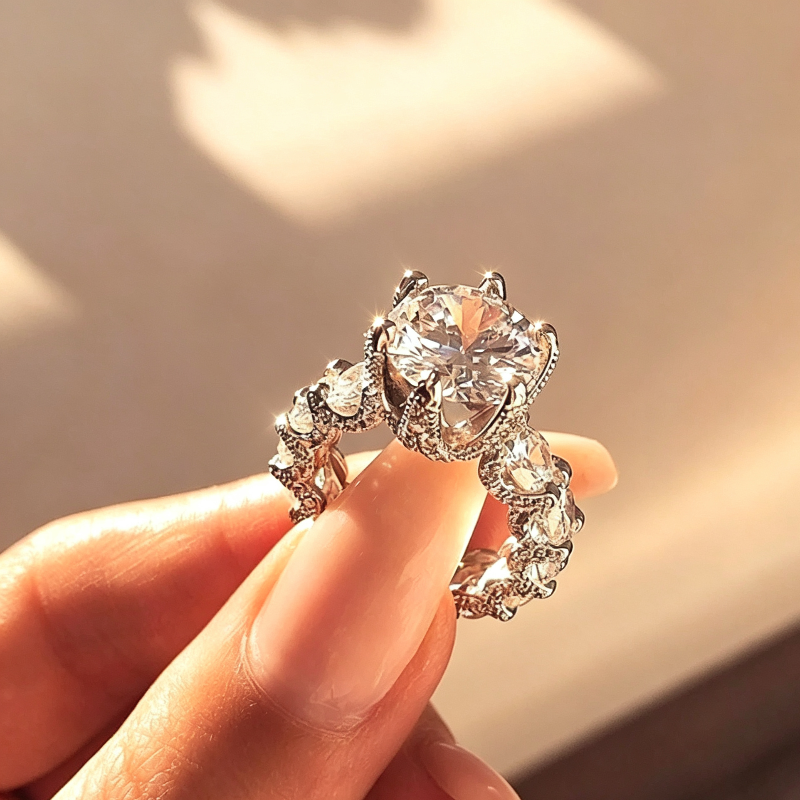 Vintage Filigree Crown Round Diamond Split Shank Engagement Ring, Ornate Marquise Accent Gothic Bridal Statement Ring