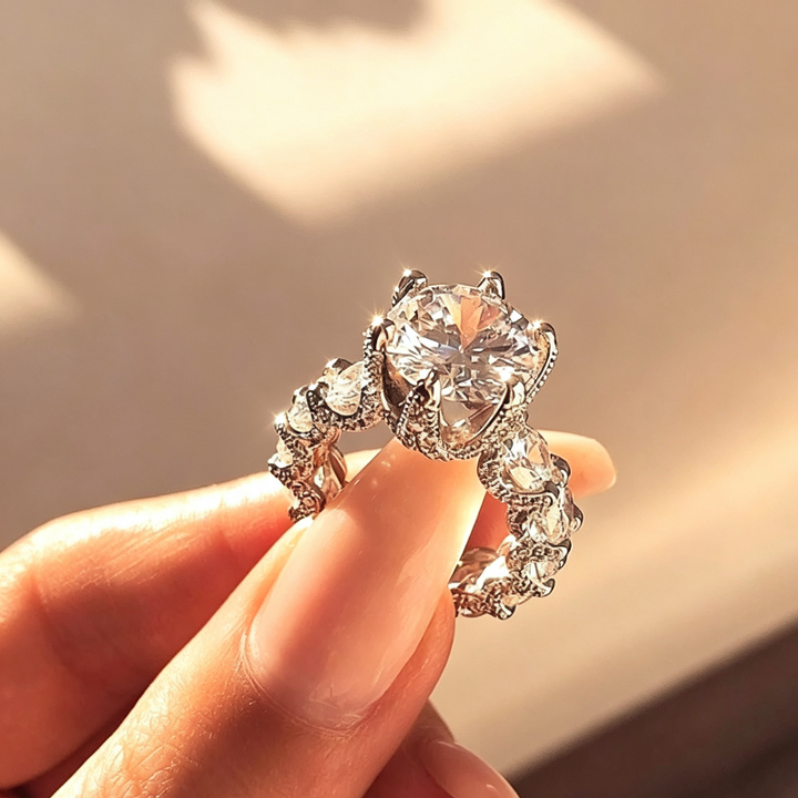 Vintage Filigree Crown Round Diamond Split Shank Engagement Ring, Ornate Marquise Accent Gothic Bridal Statement Ring