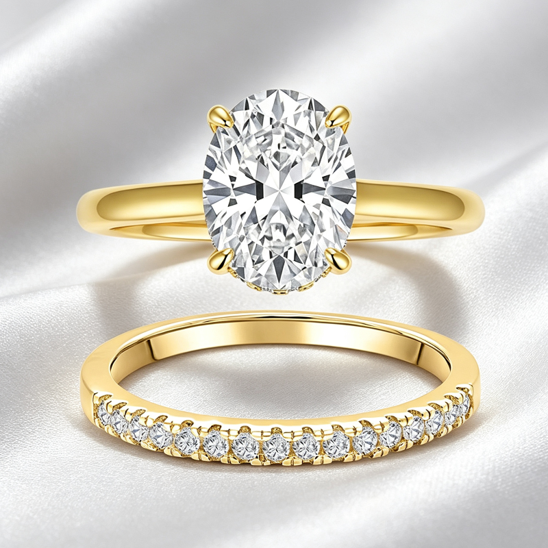 Oval 4-Prong Solitaire Engagement Ring, Pave V-Shaped Wedding Band Bridal Matching Stack Jewelry