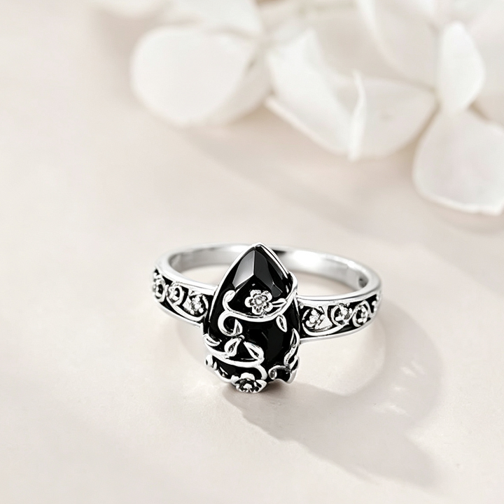 Gothic Floral Black Gemstone Statement Ring, Bohemian Vintage Floral Women&