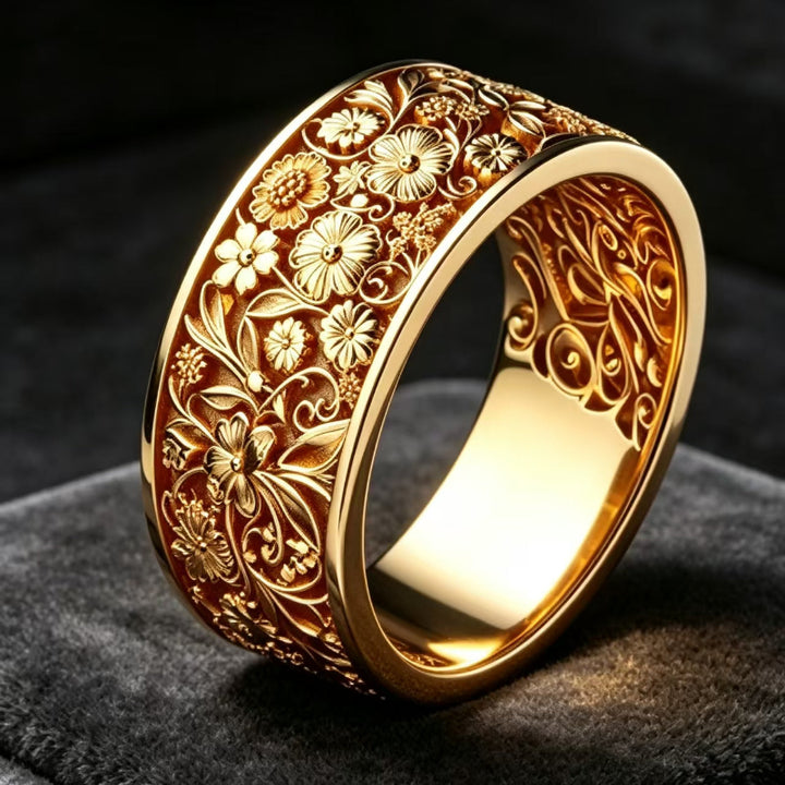 Vintage Carved Floral Wide Band Ring, Intricate Engraved Flower Ornament Statement Ring
