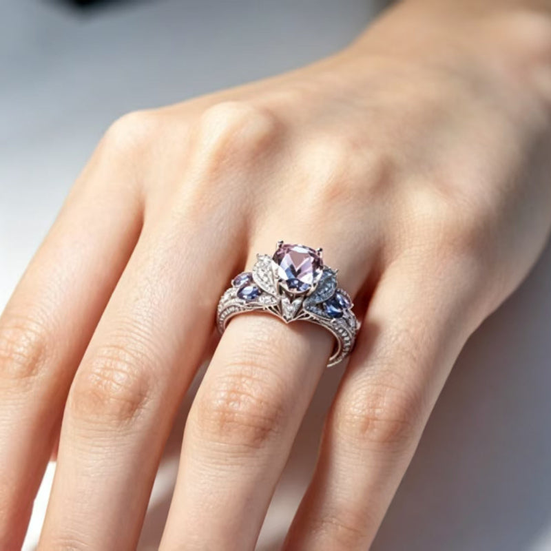 Vintage Ornate Blue‑Tone Diamond Halo Ring, Luxury Women’s Statement Ring