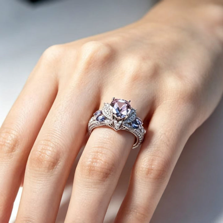 Vintage Ornate Blue‑Tone Diamond Halo Ring, Luxury Women’s Statement Ring