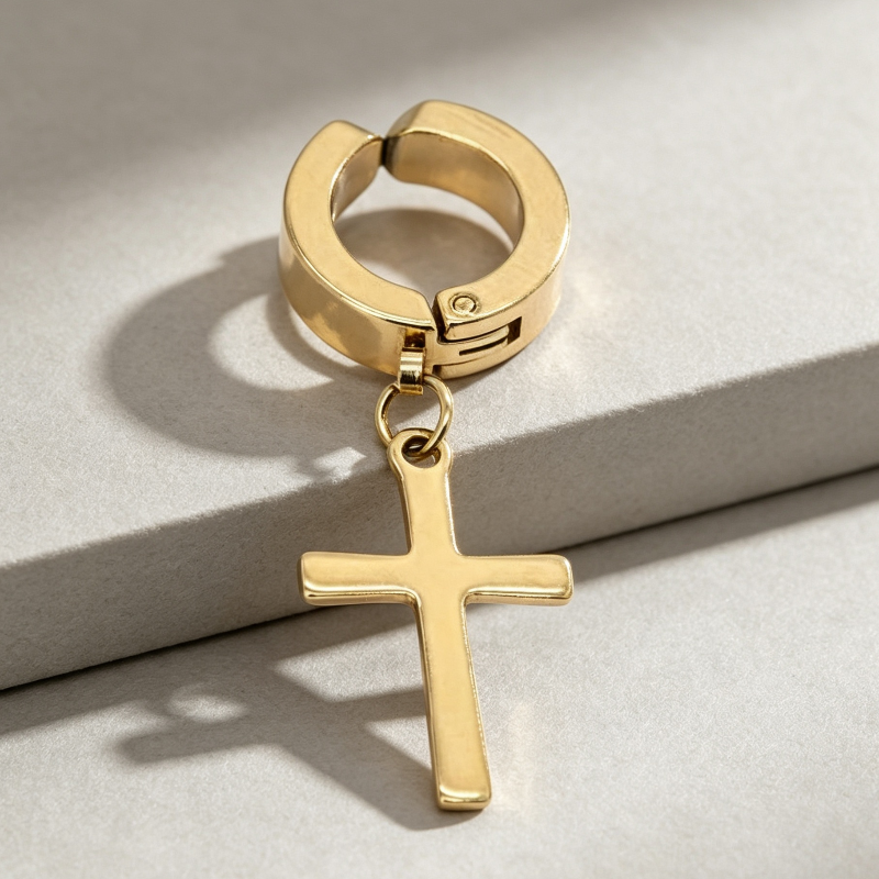 Non‑Piercing Cross Dangle Huggie Ear Clips, Punk Drop Cross Charm Hoop Ear Cuff for Men & Women