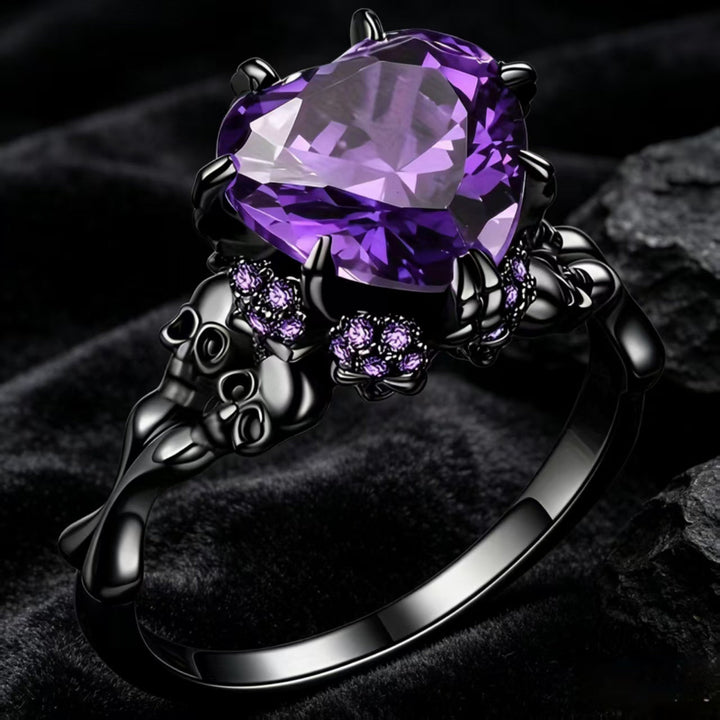 Gothic Skull Claw Heart Gem Ring, 3 Color Red Black Purple Heart Stone Dark Punk Halloween Statement Ring
