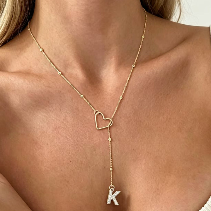 A-Z Initial Heart Pave Letter  Gold Necklace, Dainty Beaded Chain Personalized Collarbone Jewelry For Women