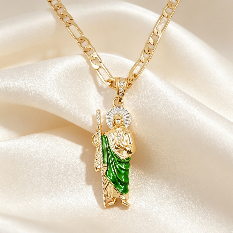 Plated Saint Jude Green Enamel Pendant Necklace, Religious Patron Saint Unisex Faith Statement Jewelry