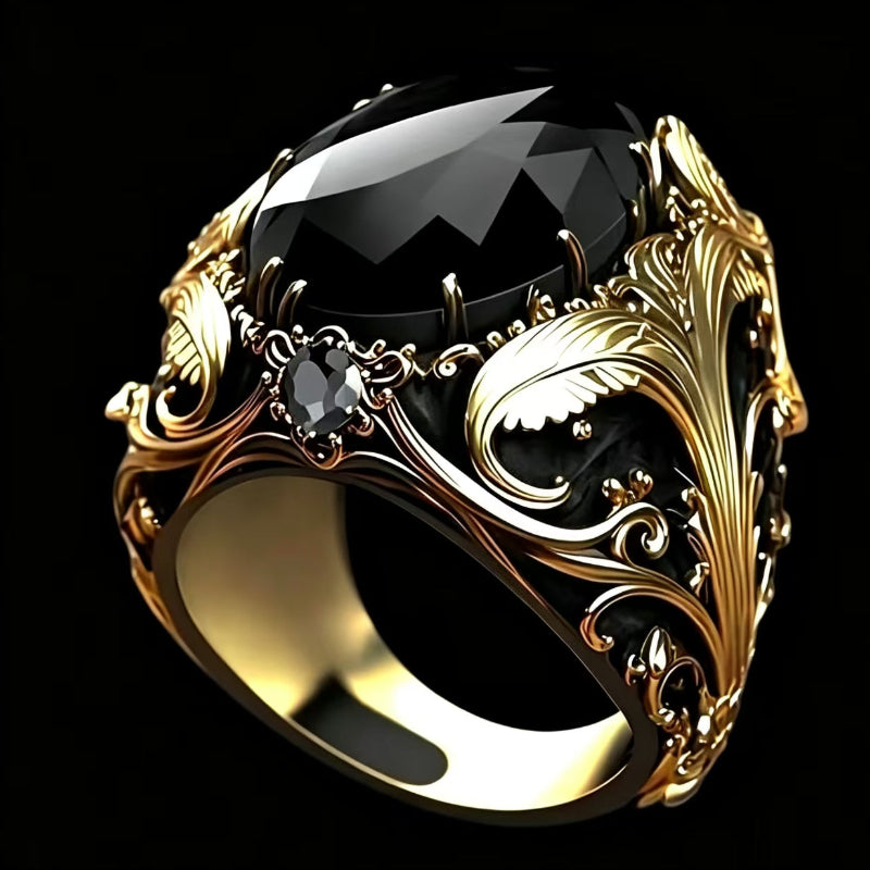 Vintage Ornate Black Gem &amp; Diamond Men’s Statement Ring, Two‑Tone Finish Gothic Wide Band Ring