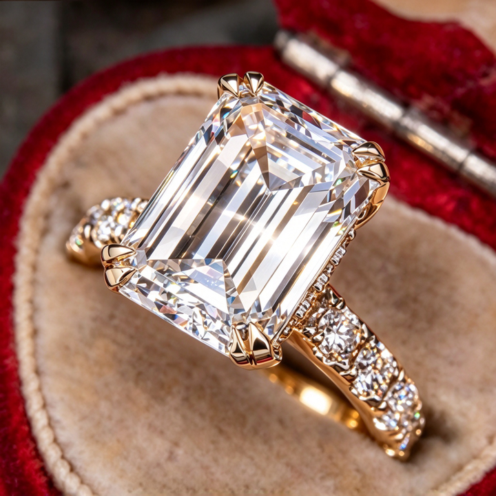 Emerald Cut Luxury 8-Prong Statement Ring for Women, Sparkling Side Stone Engagement Style Ring