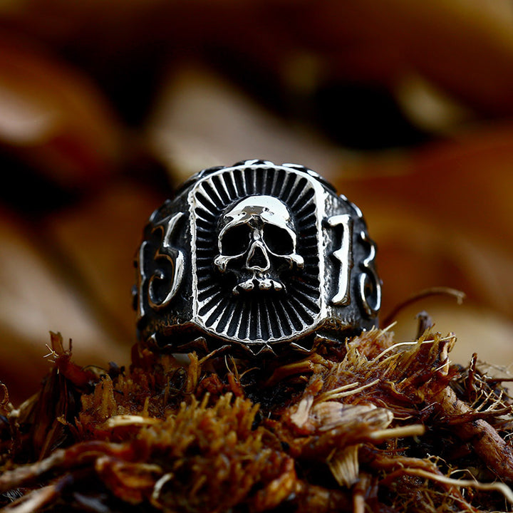 Vintage 3D Skull Signet Ring, Antique Oxidized Symbol‑Engraved Unisex Biker Statement Ring