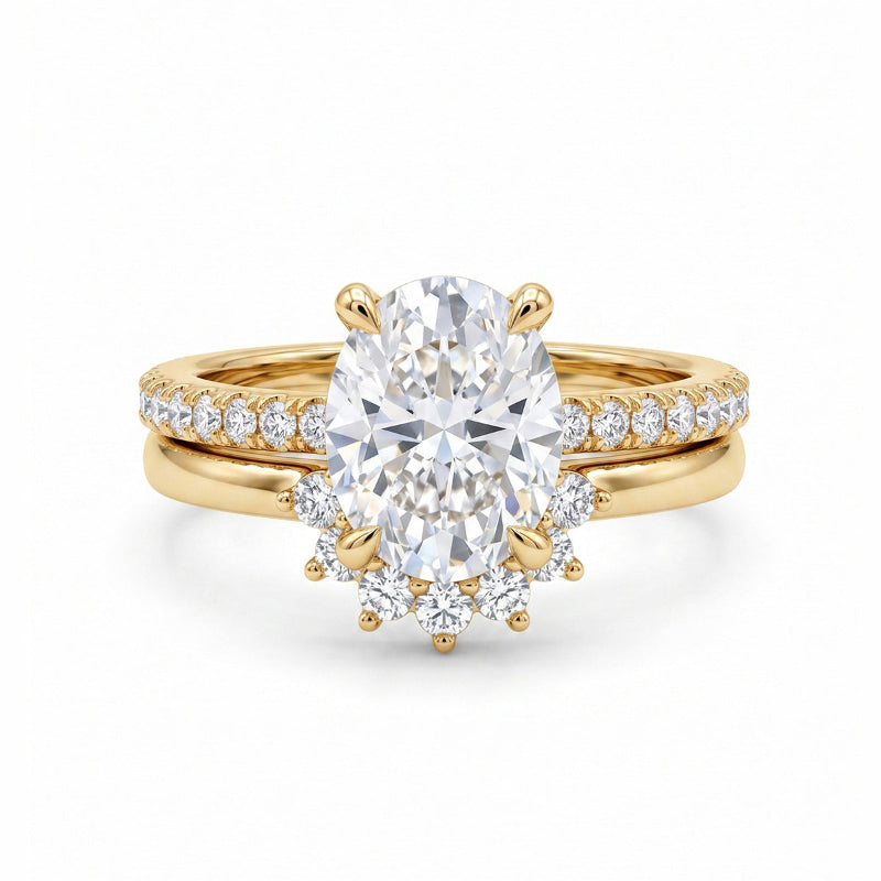 Oval‑Cut Diamond Bridal Ring Set, Halo Accent Engagement &amp; Eternity Band Two‑Piece Ring